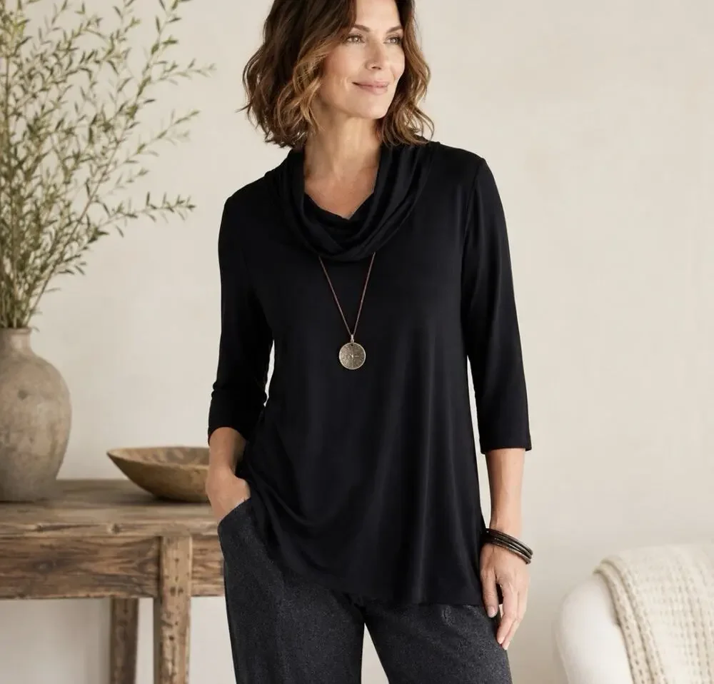 April Cornell Black Cowl Neck Tunic Top Medium Rayon Spandex 3/4 Sleeve Relaxed